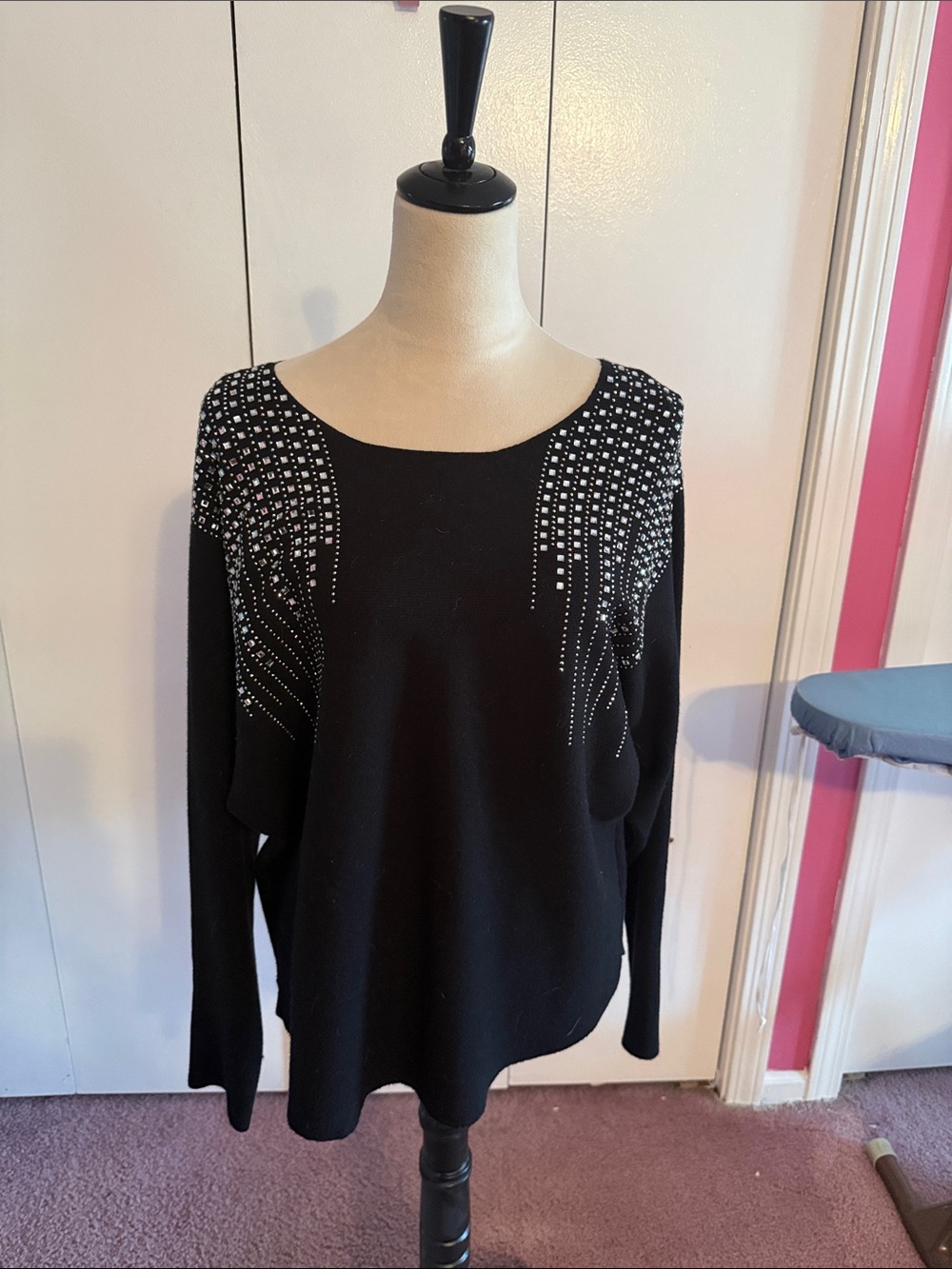 Milano Black Long Sleeve Top with Silver Stud Accents